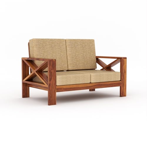 Image of Sheesham Wooden 7 Seater Sofa for Living Room | Rosewood 7 Seater Cushion Sofa X-Legs | Solid Wood Sofa Set for Lounge (3+2+2,Honey)