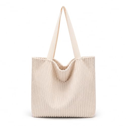 Image of Kawn Korean Tote Bag Aesthetic Corduroy Canvas Handbag for Women Zipper Casual Large Capacity Shoulder Bag with Pockets Versatile Everyday use for College Work Travel & Shopping