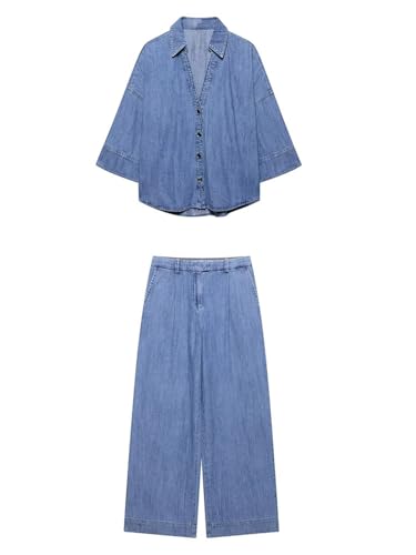 Pohullan Women Wide Sleeve Denim Shirt High Waist Pleated Wide Leg Jeans Loose Denim Suit Summer Travelling Suit