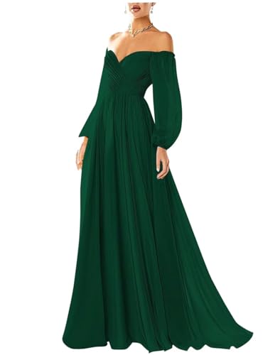 Ternlm Boho Wedding Dress Off Shoulder Chiffon Puffy Long Sleeves Formal Prom Evening Gowns with Pockets TN003