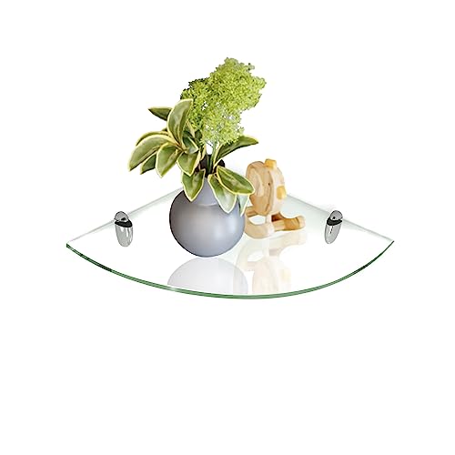 Fab Glass and Mirror Floating Shelf (Corner) 10x10 Inch W/Chrome Brackets-Clear Glass Shelves, 10