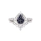 1.5 ct Pear Shaped Blue Sandstone Engagement Rings For Women Vintage 2 pcs Art Deco Bridal Sets Wedding Rings S925 10K 14K 18K White Yellow Rose Gold Teardrop Wedding Ring Set For Her