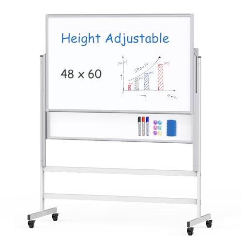 maxtek Dry Erase Whiteboard Height Adjustable, Easel Stand Rolling White Board on Wheels - 48 x 60 Large Mobile Dry Erase Board, 4' x 5' Double Sided Magnetic Whiteboard for School Office Home