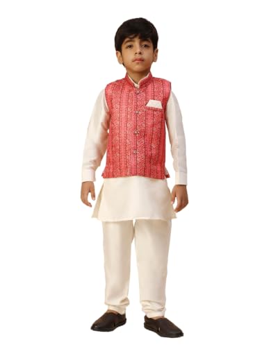 Image of Pro-Ethic Style Developer Kids Kurta Set For Boys With Waist Coat, Ethnic Wear for Diwali, Eid, Raksha Bandhan, Jacquard, Floral Print (Pack of 1)