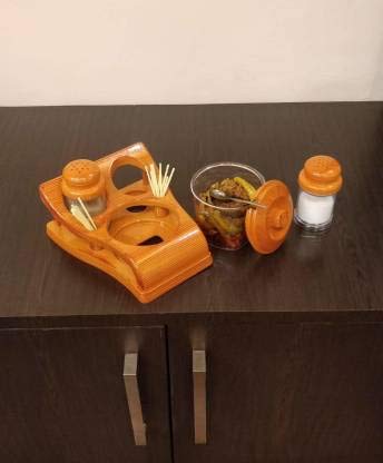 Image of Nabhya Complete Dining Table Set of Pickle Jars, Salt and Pepper Dispenser, Toothpick Holder and Spoon Holder(Wooden Look Design, Plastic) (Oscar)