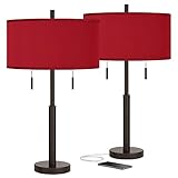 Robbie Modern Table Lamps Set of 2 with USB Charging Port Bronze Metal Red Faux Silk Fabric Drum Shade for Living Room Bedroom House Bedside Nightstand Home Office Family - Possini Euro Design