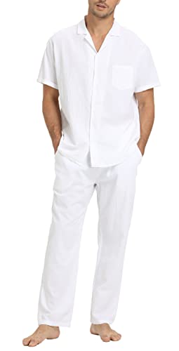 RPOVIG Linen Shirt Pants Outfits:Men's Linen Sets 2 Piece Short Sleeve Shirts Yoga Pants Beach Wedding Suits