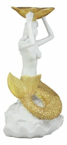Ebros Gift Art Nouveau Ocean Marine Sea Siren Mermaid With Golden Tail Holding Sea Shell Candle Or Jewelry Holder Decor Figurine 10.25" Tall #TOP4