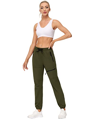 Puzeer Womens Hiking Pants Lightweight Quick Dry Water Resistant Joggers Cargo Pants With Pockets Athletic Workout Travel Casual Outdoor Running Pants Olive Green Large #TOP3