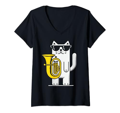 Mujer Gato divertido con gafas de sol jugando a la tuba | Tuba Cat Camiseta Cuello V