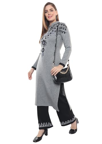 Image of Rosary Women's Woolen Winter Embroidered Kurta with Palazzo | Warm Ethnic Suit Set - 2 Piece Outfit