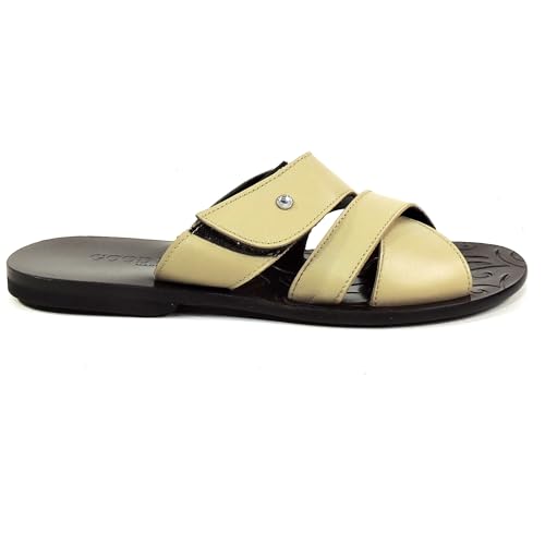 Goodman Men's Leather Comfort Sandals, Beige, Slip-On Summer Flats with Cross Strap Design, Made in Italy4