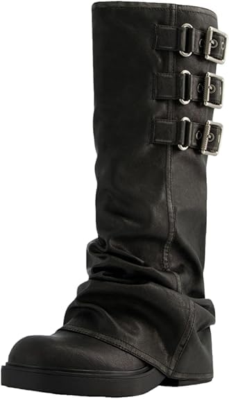 MAVMAX Women Slouchy Knee High Boots Casual Round Toe Pull On Riding Biker Boots Fold Over Chunky Low Heel Platform Boot