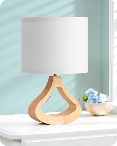 EDISHINE Nachttischlampe Holz, Tischleuchte mit Leinen-Lampenschirm und Holzsockel in Flaschenform, E27 Fassung mit 2700K LED-Birne, 34 cm, Moderne Tischlampe für Wohnzimmer und TV-Schrank, Weiß