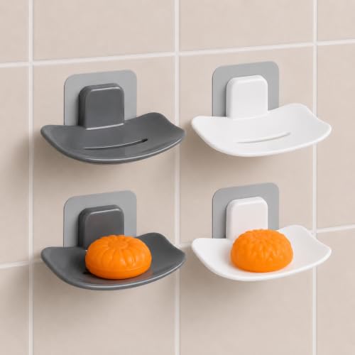 Image of Self-Adhesive Soap Holder for Bathroom (4 Pack (Black /White)) Wall Mounted No-Drill Soap Stand with Water Drainage | Strong Sticker Plastic Soap Dish for Wash...