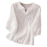 Camicette estive da donna in lino bohémien a tunica in stile bohémien a maniche corte con grafica floreale ricamata top 2025 camicia indiana con volant per donne anziane in pizzo di cotone puro boho
