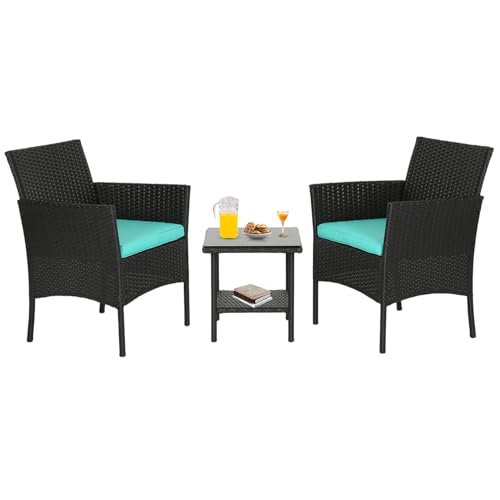 Image of FDW 3-Piece Patio Furniture Set | Blue | Outdoor Wicker Furniture