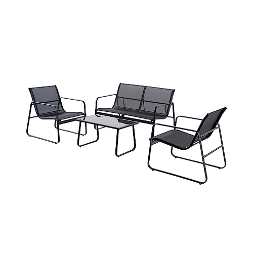 CONCEPT USINE | Salon de Jardin Métal 4 Places Sintra Noir | 1 Canapé + 2 Fauteuils + 1 Table Basse | Plateau en Verre Trempé 5 mm | Structure Acier + Epoxy...