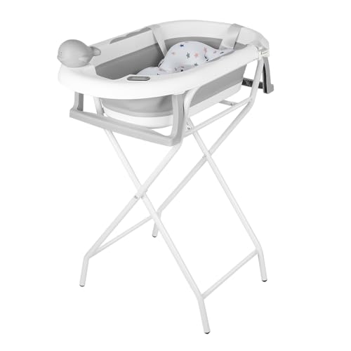 Baignoire Bébé Pliable Sur Pied, Grande Baignoire Pliable avec Support, Thermomètre, Tapis de bain et Kit De Drainage (Gris, 55x40x90 cm)