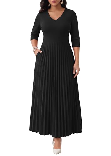 Image of FANDEE Women's V-Neck Pleated Maxi Dress A-Line 3 /4 Sleeve with Pockets