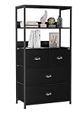 Furologee Vertical 4 Drawer Dresser Organizer with 3-Tiers Wood Shelf,Tall Fabric Storage Tower Unit, Sturdy Metal Frame Furniture,Fabric Bins for Bedroom,entryway,Office(Black)