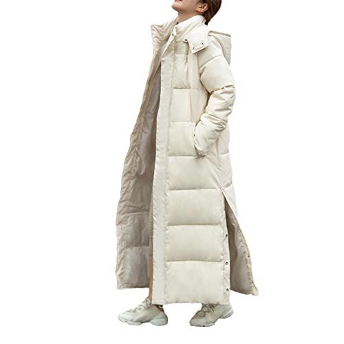 Abrigo Plumas de Cremallera Chaqueta Acolchado Largo con Capucha Mujer Invierno Casual Más Gruesa Abrigo Parka Larga Plumiferos Ajustados de Moda Chaqueta de Plumón Abrigo Acolchado Largo Beige 3XL
