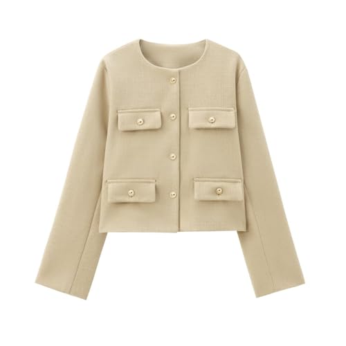 Veste d'hiver en tweed femme : manteau court col rond élégant et vêtement d'extérieur polyvalent