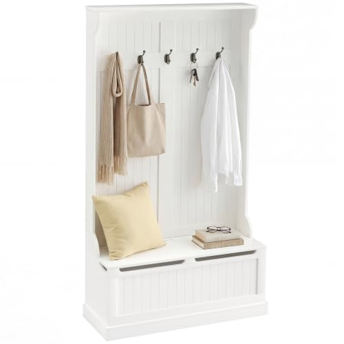 HOMCOM Perchero Zapatero con Banco, 5 Ganchos, 96x34x179,7 cm, Crema