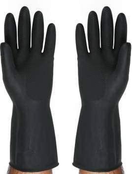 COSMOS Heavy-Duty Reusable Rubber Latex Non Slip Washable Hand Gloves for Dishwashing , Cleaning , Gardening Work for Men and Women Multipurpose Black Color Size (M)medium