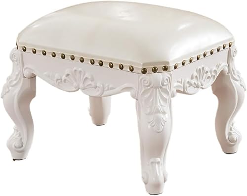 Reposapiés otomano pequeño de cuero tallado vintage tapizado de madera con 4 patas de madera maciza