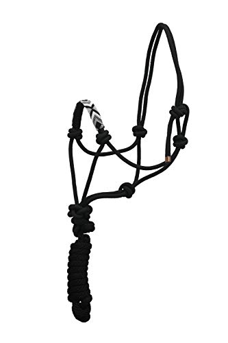 SIE Nylon Horse Braided Rope halter headcollar and Lead with beaded noseband (Black (Black and Silver beads))