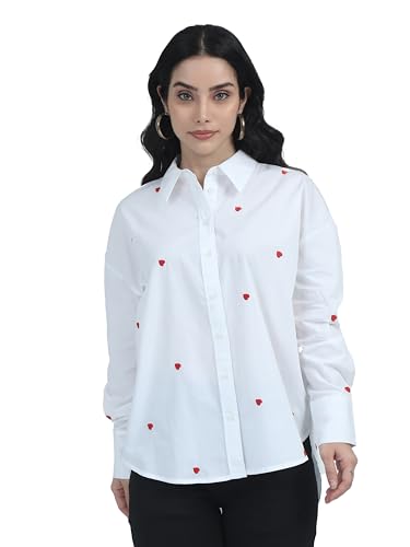Image of Glam & Chique Women's Button-Down Oversized Shirt with Heart Embroidery S-2XL
