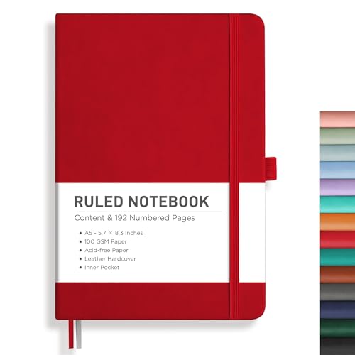 Image of RETTACY Lined Journal Notebook, 192 Numbered Pages, A5 Size (5.7'' x 8.3'') | Leather Hardcover, 100 GSM Thick Paper, for Men & Women, Journaling, Writing, Work & Office (Red)