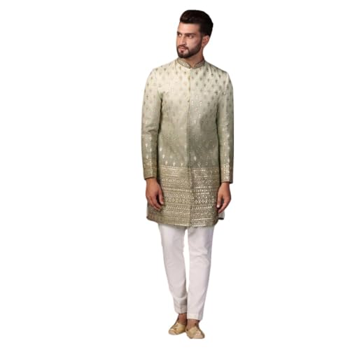Men's Indo Western Sherwani Trouser Set, Green Silk Blend, Embroidered Regular Fit Mandarin Collar Long Sleeves