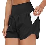 THE GYM PEOPLE Women’s High Waist Running Shorts with Liner Athletic Hiking Workout Shorts Zip Pockets (Black, Large)