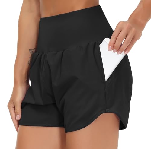 THE GYM PEOPLE Women’s High Waist Running Shorts with Liner Athletic Hiking Workout Shorts Zip Pockets