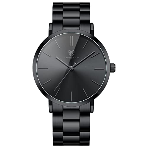 GOLDEN HOUR Men's Watches Slim Minimalist Runway Black Stainless Steel Quartz Analog Watch with Grey Hands