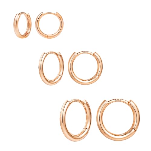 ALEXCRAFT Rosegold Creolen Klein Ohrringe Vergoldet Sterling Schlafen Creolen Ohrringe mit Zirkonia Hypoallergen Huggies Creolen für Damen Ohrringen Gold Set 3 Paar