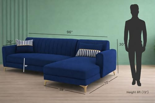 Image of Adorn India Premium Luster 6 Seater L Shape Sofa Set | Velvet Suede Fabric | 3-Year Warranty | RHS |Color Blue with Golden Legs & Striped Pattern Cushion