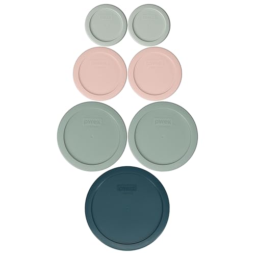 Image of Pyrex (2) 7202-PC 1 Cup White Mint, (2) 7200-PC 2 Cup Rosewater Pink, (2) 7201-PC 4 Cup Tranquil Green, (1) 7402-PC 6 /7 Cup Tarragon Green Food Storage Replacement Lids - Made in the USA