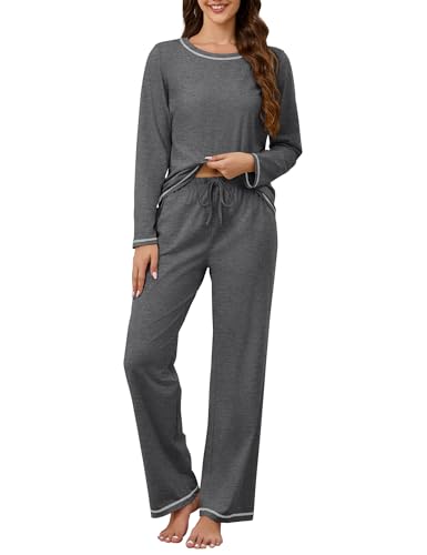 Image of KCW Womens Pajamas Sets 100% Cotton 2 Piece Lounge Set Long Sleeve Tops and Pants Soft Pjs Sleepwear with Pockets