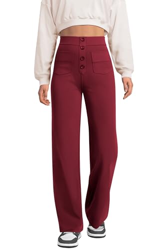 keriffe Women's Straight Leg Pants High Waisted Button Stretchy Business Work Dress Casual Trousers Multiple Pockets Wine Red