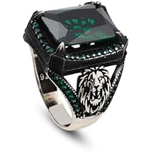 Handmade 925 Sterling Silver Lion Ring for Men - Emerald Gemstone, Animal Motif, Jewelry with Ring and Silver Polishing Cloth Gift