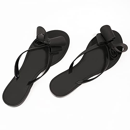 Image of TYFLOVE Women Rivet Flip Flops Studded Jelly Thong Sandals with Bow Summer Bowtie Flat Beach Rain Shoes