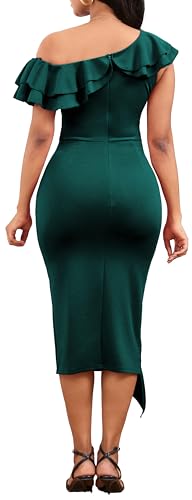 Image of Dresses for Women Elegant Long Sleeves Ruffles Pencil Knee Length Split Business Dress with Belt Zipper