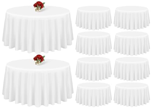 Showgeous 10 Pack White Round Tablecloth 108 Inch Polyester Table Cloth for Tables - Washable Decorative Fabric Covers for Wedding, Dining, Party, Banquet, Buffet