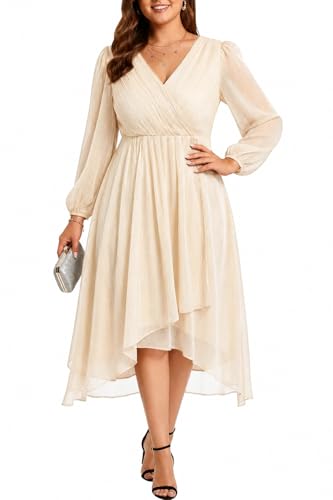 Image of Talisea Plus Size Cocktail Dress - Formal Wedding Guest Fall Long Sleeve A Line Pleated V Neck Midi Dresses for Curvy Women