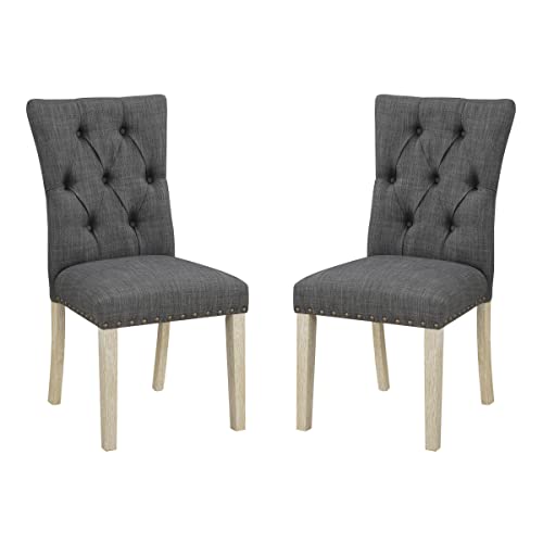 OSP Home Furnishings Preston Dining Chair 2-Pack with Button Tufted Back and Antique Bronze Nailhead Trim, Charcoal Fabric