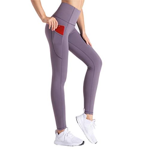 THE GYM PEOPLE Thick High Waist Yoga Pants with Pockets, Tummy Control Workout Running Yoga Leggings for Women Small Light Purple