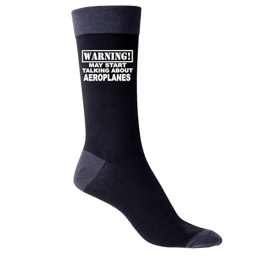 Print4U Warning May Talk About Aeroplanes Funny Men's Socks Black Birthday Gift